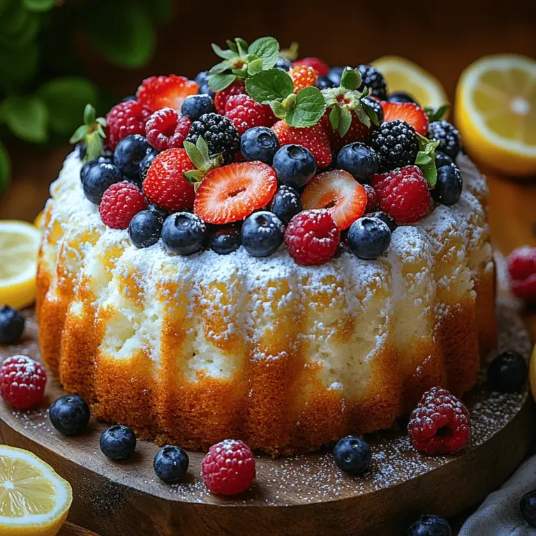 The Lemon Berry Bliss Angel Food Cake is a delightful and airy dessert that combines the zesty brightness of lemon with the sweetness of mixed berries. This light and fluffy cake is perfect for any occasion, from summer gatherings to holiday celebrations. Its visually appealing layers, adorned with fresh berries and a drizzle of citrus glaze, make it a showstopper on any dessert table. Not only does it offer a refreshing taste that can be enjoyed year-round, but it also embodies a nostalgic connection to simpler times, when desserts were meant to be light and satisfying rather than heavy and overly sweet.