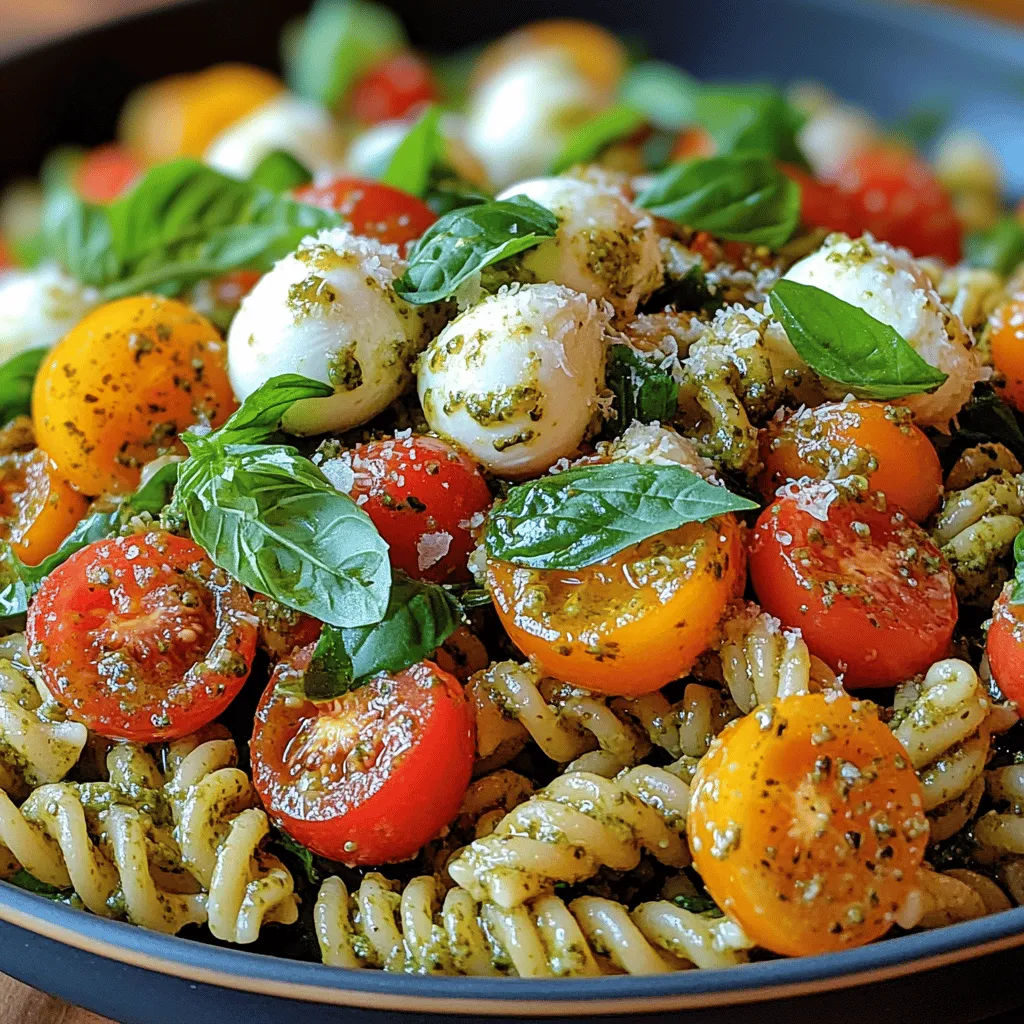 Pasta salads have become a staple in both casual and formal dining, and for good reason. They are not only a canvas for creativity but also a nourishing option that can be prepared with minimal effort. One standout among pasta salads is the <strong>Pesto Paradise Caprese Pasta Salad</strong>. This dish combines the classic flavors of a Caprese salad with the heartiness of pasta and the vibrant taste of homemade pesto. It’s a refreshing and satisfying meal that is ideal for summer picnics, BBQs, or as a quick weeknight dinner.” /></p>
</p>
<h3>Tips for Avoiding Overcooking</h3>
</p>
<p>When preparing the Pesto Paradise Caprese Pasta Salad, achieving the perfect pasta texture is crucial for a delightful dish. Overcooking pasta can lead to a mushy consistency that detracts from the overall experience. Here are some tips to help you avoid this common pitfall:</p>
</p>
<p>1. <strong>Use the Right Amount of Water</strong>: Always use a large pot filled with water to ensure the pasta cooks evenly. A good rule of thumb is to use about four to six quarts of water for each pound of pasta.</p>
</p>
<p>2. <strong>Salt Your Water</strong>: Add a generous amount of salt to the boiling water before adding the pasta. This not only enhances the flavor but also helps to prevent the pasta from becoming too soft.</p>
</p>
<p>3. <strong>Follow Package Instructions</strong>: Pay close attention to the cooking time suggested on the pasta packaging. Start checking the pasta about a minute or two before the recommended time to test for doneness.</p>
</p>
<p>4. <strong>Test for Al Dente</strong>: The ideal pasta for a salad should be cooked al dente, which means it should still have a slight bite to it. To test, take a piece out of the pot, cool it slightly, and taste it.</p>
</p>
<p>5. <strong>Shock in Cold Water</strong>: Once the pasta is done, drain it immediately and rinse it under cold water. This stops the cooking process and helps to maintain the desired texture.</p>
</p>
<h3>Creating the Pesto Dressing</h3>
</p>
<p>The star of the Pesto Paradise Caprese Pasta Salad is undoubtedly the homemade pesto dressing. This vibrant green sauce infuses the pasta and vegetables with a burst of flavor. Here’s how to whip up this delicious dressing:</p>
</p>
<h4>Ingredients Needed</h4>
</p>
<p>– 2 cups fresh basil leaves</p>
<p>– 1/2 cup extra-virgin olive oil</p>
<p>– 1/3 cup pine nuts (or walnuts for a different flavor)</p>
<p>– 2-3 cloves garlic, minced</p>
<p>– 1/2 cup freshly grated Parmesan cheese</p>
<p>– Salt and pepper to taste</p>
<p>– Juice of half a lemon (optional, for brightness)</p>
</p>
<h4>Method for Mixing</h4>
</p>
<p>1. <strong>Blend Ingredients</strong>: In a food processor, combine the basil leaves, pine nuts, and garlic. Pulse until finely chopped.</p>
</p>
<p>2. <strong>Incorporate Oil</strong>: With the processor running, slowly drizzle in the olive oil until the mixture becomes a smooth paste.</p>
</p>
<p>3. <strong>Add Cheese and Season</strong>: Stir in the Parmesan cheese, and season with salt, pepper, and lemon juice (if using) to taste. Blend again until fully combined.</p>
</p>
<p>4. <strong>Taste and Adjust</strong>: Take a moment to taste your pesto and adjust the seasoning as needed. If you prefer a nuttier flavor, add more nuts, or for a creamier texture, increase the amount of cheese.</p>
</p>
<h3>Combining Ingredients</h3>
</p>
<p>The key to a successful pasta salad lies in how you combine the ingredients. Here are some best practices to ensure your salad maintains its textures and flavors:</p>
</p>
<p>1. <strong>Cool the Pasta</strong>: After rinsing the pasta, allow it to cool to room temperature before mixing with the other ingredients. This prevents wilting the fresh ingredients.</p>
</p>
<p>2. <strong>Use a Large Bowl</strong>: Choose a bowl that offers ample space for mixing. This helps to keep the ingredients from bruising and becoming mushy.</p>
</p>
<p>3. <strong>Add Ingredients Gradually</strong>: Start by adding the cooled pasta to the bowl, followed by halved cherry tomatoes, diced mozzarella, and any other vegetables. This gradual addition helps distribute the ingredients evenly.</p>
</p>
<p>4. <strong>Gently Toss</strong>: Use a large spatula or your hands to gently toss the ingredients together. Avoid aggressive mixing to preserve the integrity of the mozzarella and other delicate components.</p>
</p>
<p>5. <strong>Pesto Last</strong>: Finally, add the pesto dressing and toss gently until everything is coated. The dressing should enhance the salad without overwhelming the other flavors.</p>
</p>
<h3>Chilling Process</h3>
</p>
<p>Chilling your pasta salad before serving is a crucial step that enhances flavor integration. Here’s why and how long you should chill it:</p>
</p>
<p>1. <strong>Flavor Development</strong>: While the ingredients are fresh and vibrant on their own, chilling allows the flavors to meld together, creating a more harmonious dish.</p>
</p>
<p>2. <strong>Recommended Chilling Time</strong>: Ideally, let the salad chill in the refrigerator for at least 30 minutes to an hour. For even better results, chill it for up to four hours. This allows the basil and garlic flavors in the pesto to infuse the pasta and vegetables thoroughly.</p>
</p>
<h3>Serving Suggestions</h3>
</p>
<p>Presentation can elevate your Pesto Paradise Caprese Pasta Salad from simple to stunning. Here are some ideas to make it visually appealing:</p>
</p>
<p>1. <strong>Garnish with Parmesan</strong>: Just before serving, sprinkle freshly grated Parmesan cheese on top for an added layer of flavor and a touch of elegance.</p>
</p>
<p>2. <strong>Fresh Basil Leaves</strong>: Place a few whole basil leaves on top for a pop of color and freshness.</p>
</p>
<p>3. <strong>Serve in Individual Bowls</strong>: For a more formal presentation, serve the salad in individual bowls or on a large platter, allowing guests to help themselves.</p>
</p>
<p>4. <strong>Pair with Fresh Bread</strong>: Consider serving the salad alongside crusty bread or garlic bread for a complete meal experience.</p>
</p>
<h3>Nutritional Analysis of Pesto Paradise Caprese Pasta Salad</h3>
</p>
<p>Understanding the nutritional profile of your dish can be beneficial, especially for those who are health-conscious. Here’s a breakdown of the key nutritional elements per serving:</p>
</p>
<p>– <strong>Calories</strong>: Approximately 350-400 calories</p>
<p>– <strong>Carbohydrates</strong>: 30-35 grams</p>
<p>– <strong>Fats</strong>: 25-30 grams (largely from healthy olive oil and nuts)</p>
<p>– <strong>Proteins</strong>: 10-12 grams (mostly from mozzarella and Parmesan)</p>
</p>
<h4>Health Benefits of Key Ingredients</h4>
</p>
<p>– <strong>Basil</strong>: Rich in antioxidants and anti-inflammatory properties, basil can support heart health and boost the immune system.</p>
<p>– <strong>Olive Oil</strong>: A source of healthy monounsaturated fats, olive oil is linked to improved heart health and reduced inflammation.</p>
<p>– <strong>Mozzarella</strong>: Provides calcium and protein, making it a nutritious addition that helps support bone health.</p>
</p>
<h4>Balance of Macronutrients</h4>
</p>
<p>This pasta salad strikes a healthy balance between carbohydrates, protein, and fats, making it a well-rounded dish. The whole grains in the pasta provide energy, while the fats from the olive oil and nuts contribute to satiety.</p>
</p>
<h3>Versatility of Pasta Salad</h3>
</p>
<p>The Pesto Paradise Caprese Pasta Salad is not only delicious but also highly versatile. Here are some ideas for variations:</p>
</p>
<p>1. <strong>Adding Proteins</strong>: For an extra protein boost, consider adding grilled chicken, shrimp, or chickpeas. These additions can transform the dish into a more filling meal.</p>
</p>
<p>2. <strong>Incorporating Other Vegetables</strong>: Feel free to toss in seasonal vegetables such as bell peppers, zucchini, or spinach for added color and nutrition.</p>
</p>
<p>3. <strong>Different Cheeses</strong>: Experiment with different cheeses like feta, goat cheese, or even vegan alternatives to switch up the flavor profile.</p>
</p>
<p>4. <strong>Seasonal Ingredients</strong>: Use what’s fresh and in season. For instance, adding roasted asparagus in the spring or sun-dried tomatoes in summer can enhance the dish’s appeal.</p>
</p>
<h3>Storage Tips and Shelf Life</h3>
</p>
<p>To enjoy your Pesto Paradise Caprese Pasta Salad over several days, proper storage is essential. Here are some best practices:</p>
</p>
<p>1. <strong>Store in Airtight Containers</strong>: Transfer any leftovers into airtight containers to minimize exposure to air, which can lead to spoilage.</p>
</p>
<p>2. <strong>Refrigerate Promptly</strong>: Always refrigerate your pasta salad within two hours of making it to prevent bacterial growth.</p>
</p>
<p>3. <strong>Shelf Life</strong>: The salad can be stored in the refrigerator for up to three days. However, for the best flavor and texture, try to consume it within the first two days.</p>
</p>
<p>4. <strong>Signs of Spoilage</strong>: Watch for changes in color, texture, or smell. If the salad starts to smell sour or the ingredients look wilted or discolored, it’s best to discard it.</p>
</p>
<h3>Conclusion</h3>
</p>
<p>The Pesto Paradise Caprese Pasta Salad is a delightful dish that brings together fresh ingredients, vibrant flavors, and a touch of creativity. Its versatility makes it suitable for any occasion, from casual picnics to elegant dinner parties. With a few simple steps, you can create a refreshing salad that showcases the best of summer produce.</p>
</p>
<p>Whether enjoyed as a main dish or a side, this pasta salad is sure to impress your family and friends. Don’t hesitate to try making this easy and delicious recipe at home; the possibilities are endless, and the flavors are simply irresistible. Embrace the freshness and taste of the Pesto Paradise Caprese Pasta Salad and let it become a staple in your culinary repertoire!</p>
</div>