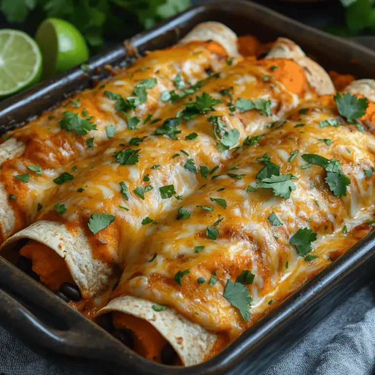 Sweet Potato Black Bean Enchiladas are a delicious and nutritious twist on the traditional Mexican dish. This vibrant meal combines the earthy sweetness of roasted sweet potatoes with the hearty texture of black beans, creating a filling that’s not only satisfying but also packed with flavor. These enchiladas are perfect for a weeknight dinner or a festive gathering, and their colorful presentation will impress any guest.