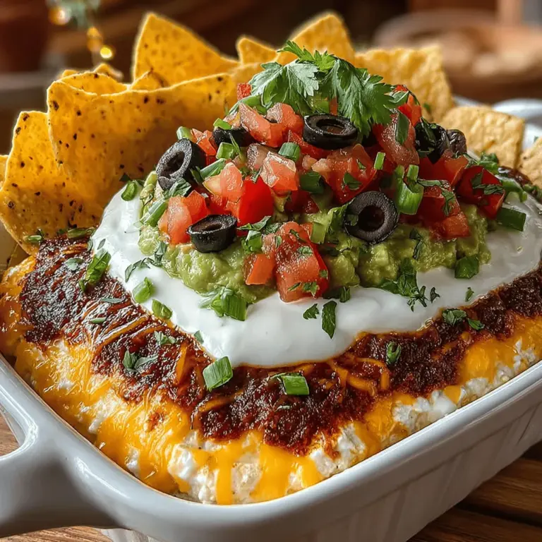 The Fiesta Layered Taco Bean Dip is a vibrant, crowd-pleasing dish that has become synonymous with gatherings and celebrations. This beloved appetizer brings together a medley of flavors and textures that appeal to everyone, making it a must-have at parties, game days, or casual get-togethers. As guests dip their chips into the colorful layers, they are greeted with a delightful combination of creamy, savory, and zesty elements that create a fiesta for the palate.