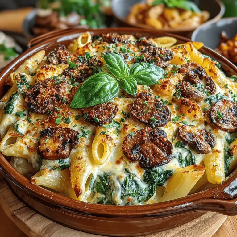 In the realm of comfort food, few dishes evoke the warmth and satisfaction of a hearty pasta bake. Our Cheesy Spinach and Mushroom Pasta Bake is a quintessential representation of this genre, showcasing a mouthwatering combination of flavors and textures that are sure to please the entire family. This recipe is not merely a dish; it is an experience that brings people together around the dinner table, making it a perfect choice for family dinners or a crowd-pleasing addition to potlucks and gatherings.