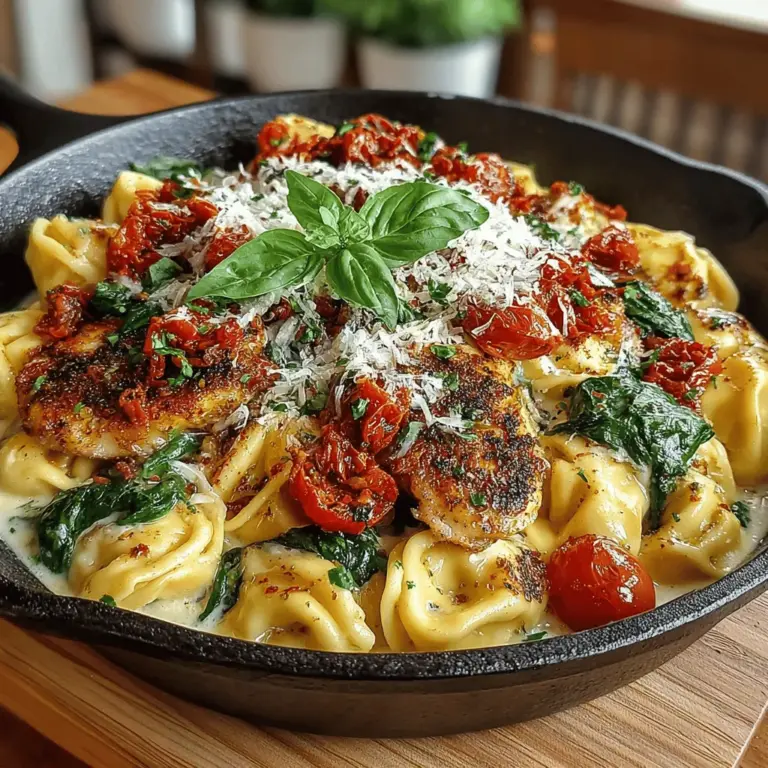 The Tuscan Tortellini Skillet with Sun-Dried Tomatoes is a delightful culinary creation that captures the essence of Italian cuisine with a modern twist. This dish boasts a symphony of vibrant flavors, making it a perfect addition to your weeknight dinner repertoire. With its creamy sauce enveloping cheese-filled tortellini, complemented by the earthy richness of sun-dried tomatoes and the freshness of spinach and cherry tomatoes, this recipe offers comfort and satisfaction in every bite.