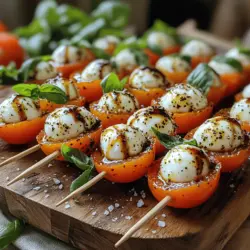 Mini Caprese Bites are a delightful and visually appealing appetizer that encapsulates the essence of the classic Italian Caprese salad. This dish harmoniously combines the freshness of cherry tomatoes, the creamy texture of mozzarella, and the aromatic notes of fresh basil. Not only are these bites a feast for the eyes, but they also deliver a burst of flavor that makes them an ideal choice for various occasions, from casual gatherings to elegant parties. With minimal ingredients and straightforward preparation, Mini Caprese Bites are perfect for both novice cooks looking to impress and seasoned chefs seeking a quick yet sophisticated appetizer.