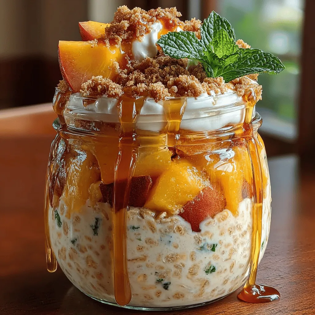 For an optional garnish that adds a touch of freshness and visual appeal, consider topping your Peach Cobbler Overnight Oats with fresh mint leaves. Not only do they enhance the dish's presentation, but they also bring a delightful burst of flavor that complements the sweetness of the peaches. Simply wash a few mint leaves and place them atop your oats just before serving for that extra pop of color and taste.