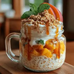 For an optional garnish that adds a touch of freshness and visual appeal, consider topping your Peach Cobbler Overnight Oats with fresh mint leaves. Not only do they enhance the dish's presentation, but they also bring a delightful burst of flavor that complements the sweetness of the peaches. Simply wash a few mint leaves and place them atop your oats just before serving for that extra pop of color and taste.