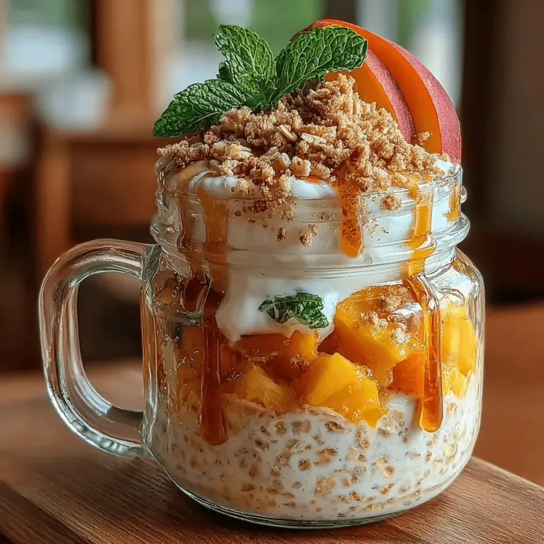 For an optional garnish that adds a touch of freshness and visual appeal, consider topping your Peach Cobbler Overnight Oats with fresh mint leaves. Not only do they enhance the dish's presentation, but they also bring a delightful burst of flavor that complements the sweetness of the peaches. Simply wash a few mint leaves and place them atop your oats just before serving for that extra pop of color and taste.