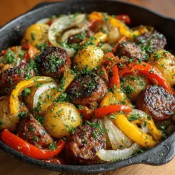 Welcome to the vibrant and mouthwatering world of Sizzling Sausage & Peppers Fiesta, a dish that brings together bold flavors and hearty ingredients in a delightful oven-baked meal. This recipe is not only a visual feast with its colorful presentation but also a perfect embodiment of comfort food, making it ideal for weeknight dinners or lively gatherings with friends and family. Imagine succulent Italian sausage roasted to perfection, vibrant bell peppers, tender baby potatoes, and aromatic garlic, all harmoniously seasoned to create a dish that tantalizes the taste buds. In this article, we will delve into the origins of this beloved dish, its nutritional benefits, and provide a step-by-step guide to crafting this culinary delight that is sure to become a staple in your kitchen.