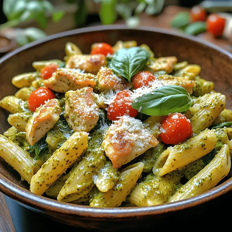 Creamy Pesto Chicken Penne is a delightful dish that artfully combines the comforting elements of pasta with the vibrant flavors of basil pesto. This recipe is a perfect reflection of culinary harmony, offering a creamy texture that envelops each piece of penne, enriched by tender chicken and a medley of fresh ingredients. The dish stands out not only for its delicious taste but also for its versatility and ease of preparation, making it an ideal choice for both weeknight dinners and special occasions.