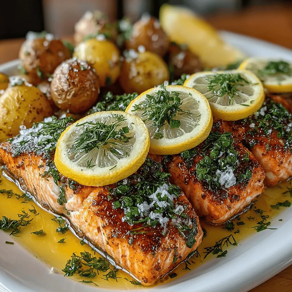 In the world of healthy and flavorful meals, <strong>Zesty Lemon Dill Salmon with Herbed Baby Potatoes</strong> stands out as a dish that perfectly balances taste and nutrition. This recipe brings together the rich, buttery flavor of salmon with the bright, zesty notes of lemon and the aromatic freshness of dill, all while being complemented by tender, herbed baby potatoes. Whether you’re preparing a quick weeknight dinner for your family or impressing guests at a gathering, this dish is exceptionally easy to make yet elegantly delicious, making it a versatile addition to your culinary repertoire.” /></p>
</p>
<h2>Step-by-Step Cooking Instructions</h2>
</p>
<h3>Preheating the Oven</h3>
</p>
<p>Before diving into the preparation of your Zesty Lemon Dill Salmon and Herbed Baby Potatoes, it is essential to preheat your oven. This step is crucial for achieving even cooking and ensuring that your food is cooked through without becoming dry. Set your oven to 400°F (200°C) and allow it to fully preheat. This helps create the ideal roasting environment for both the salmon and the potatoes, ensuring a beautifully caramelized exterior and tender interior.</p>
</p>
<h3>Preparing the Baby Potatoes</h3>
</p>
<p>Now that the oven is preheating, let’s focus on the baby potatoes. Begin by washing the potatoes thoroughly under cold running water to remove any dirt. Once clean, slice the baby potatoes in half to allow for quicker cooking and increased surface area, which will enhance their flavor during roasting.</p>
</p>
<p>In a large mixing bowl, toss the halved potatoes with olive oil, minced garlic, salt, and freshly cracked black pepper. Use about 2 tablespoons of olive oil, 2 cloves of minced garlic, and season generously with salt and pepper to taste. The garlic not only adds flavor but also infuses the potatoes with a delightful aroma as they roast.</p>
</p>
<p>Once coated, spread the baby potatoes in a single layer on a rimmed baking sheet. This ensures they roast evenly and become perfectly crispy on the outside while remaining fluffy on the inside. Roasting at high heat caramelizes the natural sugars in the potatoes, resulting in a delicious, golden-brown finish that is hard to resist.</p>
</p>
<h3>Marinating the Salmon</h3>
</p>
<p>While the potatoes are ready to go into the oven, it’s time to prepare the salmon. Start by patting your salmon fillets dry with a paper towel. This step is important as it helps the marinade adhere better to the fish and promotes even cooking.</p>
</p>
<p>In a small bowl, combine the juice of one lemon, chopped fresh dill, olive oil, garlic powder, salt, and pepper to create the marinade. For the perfect balance, use about 3 tablespoons of lemon juice, 1 tablespoon of olive oil, and 1 tablespoon of chopped dill. Mix well until fully combined.</p>
</p>
<p>Place the salmon fillets in a shallow dish or a resealable plastic bag, and pour the marinade over the top. Make sure to coat the salmon evenly, allowing it to soak in all the flavors. Cover the dish or seal the bag, and let it marinate in the refrigerator for at least 15-30 minutes. This marinating time not only infuses the fish with zesty flavor but also helps to keep it moist during cooking.</p>
</p>
<h3>Roasting the Salmon and Potatoes Together</h3>
</p>
<p>Once your salmon has marinated for the appropriate amount of time, it’s time to roast everything together. Place the baking sheet with the seasoned baby potatoes into the preheated oven and roast them for about 20 minutes.</p>
</p>
<p>After 20 minutes, take the baking sheet out and give the potatoes a quick stir to ensure even cooking. Nestle the marinated salmon fillets skin-side down among the potatoes, and then return the baking sheet to the oven. Continue roasting for an additional 12-15 minutes, or until the salmon flakes easily with a fork and reaches an internal temperature of 145°F (63°C).</p>
</p>
<p>To check for doneness, insert a fork into the thickest part of the salmon. If it flakes easily and has a slightly opaque appearance, it’s ready to be taken out. The potatoes should be golden brown and tender when pierced with a fork.</p>
</p>
<h3>Serving Suggestions</h3>
</p>
<p>To serve your Zesty Lemon Dill Salmon with Herbed Baby Potatoes, carefully plate the salmon and potatoes, ensuring to showcase the beautiful colors of the dish. Garnish the salmon with additional fresh dill and lemon slices for a vibrant presentation. The bright yellow of the lemon and the green of the dill create an inviting visual contrast.</p>
</p>
<p>For a complete meal, consider pairing this dish with a side of steamed asparagus or a fresh garden salad. A light, crisp white wine, such as Sauvignon Blanc or a chilled glass of sparkling water with lemon, can enhance the flavors and elevate your dining experience.</p>
</p>
<h3>Nutritional Information</h3>
</p>
<p>This recipe serves four, and here’s a breakdown of the nutritional content per serving:</p>
</p>
<p>– <strong>Calories</strong>: 400</p>
<p>– <strong>Protein</strong>: 30g</p>
<p>– <strong>Fats</strong>: 22g</p>
<p>– <strong>Carbohydrates</strong>: 22g</p>
<p>– <strong>Fiber</strong>: 3g</p>
<p>– <strong>Sugars</strong>: 2g</p>
</p>
<p>Zesty Lemon Dill Salmon with Herbed Baby Potatoes is not only delicious but also fits well within a balanced diet. It is rich in omega-3 fatty acids from the salmon, which are essential for heart health, and the potatoes provide a good source of carbohydrates and fiber.</p>
</p>
<h3>Conclusion</h3>
</p>
<p>In summary, Zesty Lemon Dill Salmon with Herbed Baby Potatoes is a wholesome, delicious, and easy-to-make meal that brings together bright flavors and delightful textures. Using fresh ingredients not only enhances the taste but also ensures a nutritious dish that you can feel good about serving to your loved ones. The combination of marinated salmon and roasted potatoes is satisfying and comforting, perfect for any occasion.</p>
</p>
<p>Embrace the joy of cooking and take pleasure in creating this vibrant dish. Whether it’s a casual family dinner or a special gathering, this recipe is sure to impress. Enjoy the cooking process, share the meal with family and friends, and relish the flavors of this delightful salmon dish.</p>
</div>
