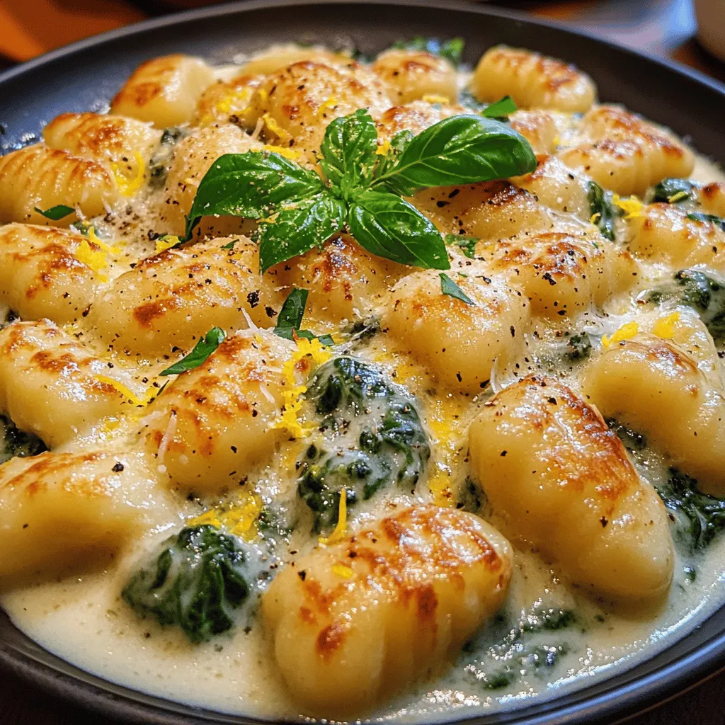 <strong>Introduction</strong>” /></p>
</p>
<h2>Boiling the Gnocchi</h2>
</p>
<p>The key to achieving perfect gnocchi lies in the boiling process. First, fill a large pot with water and add a generous amount of salt—about 1 tablespoon per quart of water. This not only flavors the gnocchi but also helps to season them as they cook. Bring the water to a rolling boil over high heat.</p>
</p>
<p>Once the water is boiling, gently drop the gnocchi into the pot. It’s essential to do this in batches if you’re using a large quantity to prevent overcrowding, which can lead to uneven cooking. The gnocchi will initially sink to the bottom of the pot. After a few minutes, they will start to float to the surface. This is a sign that they are cooked through, but don’t rush to remove them just yet.</p>
</p>
<p>Timing is crucial here; typically, gnocchi will take about 2-4 minutes to cook. Once they float, allow them to cook for another minute to ensure they are tender yet firm. Overcooking can lead to mushy gnocchi, so keep a close eye on them. Use a slotted spoon to gently lift the gnocchi from the pot and transfer them to a colander to drain. Set them aside as you prepare the spinach and sauce.</p>
</p>
<h2>Sautéing the Spinach</h2>
</p>
<p>Sautéing spinach is a quick and effective technique that helps retain its nutrients and vibrant green color. In a large skillet, heat a tablespoon of olive oil over medium heat. Once the oil is shimmering, add the fresh spinach.</p>
</p>
<p>It may seem like a lot at first, but spinach wilts down significantly. Sauté the spinach for about 2-3 minutes, stirring frequently. You want the spinach to just wilt, which preserves its bright color and nutrients. If you’re adding garlic for extra flavor, toss in a minced clove with the spinach in the last minute of cooking to avoid burning it.</p>
</p>
<p>Once the spinach is bright and tender, remove the skillet from the heat. This quick sauté not only enhances the flavor of the spinach but also ensures it integrates well with the creamy sauce later.</p>
</p>
<h2>Creating the Creamy Sauce</h2>
</p>
<p>Now it’s time to create the creamy sauce that will envelop your gnocchi and spinach. In the same skillet used for the spinach, add 1 cup of heavy cream over medium-low heat. Stir gently, allowing the cream to warm up without boiling. This step is crucial, as overheating can cause the cream to separate.</p>
</p>
<p>As the cream starts to warm, add the zest of one lemon and the juice of half a lemon. The acidity from the lemon will brighten the dish, balancing the richness of the cream. Stir continuously until the lemon juice is fully incorporated.</p>
</p>
<p>Now, gradually whisk in ¾ cup of freshly grated Parmesan cheese. Stir until the cheese melts and the sauce becomes smooth and creamy. If it appears too thick, you can add a splash of pasta water to achieve your desired consistency. Season the sauce with salt and freshly ground black pepper to taste.</p>
</p>
<h3>Combining Gnocchi and Sauce</h3>
</p>
<p>With the sauce ready, it’s time to bring everything together. Gently add the cooked gnocchi to the skillet with the creamy sauce. Using a spatula or a wooden spoon, gently toss the gnocchi in the sauce, ensuring each piece is coated without breaking them apart. If you find the sauce is too thick, you can add a little reserved pasta water until you reach the desired consistency.</p>
</p>
<p>Next, fold in the sautéed spinach, allowing it to mix evenly with the gnocchi and sauce. This step not only combines the flavors but also adds a beautiful visual element to the dish, with the vibrant green spinach contrasting against the creamy sauce.</p>
</p>
<h2>Presentation and Serving Suggestions</h2>
</p>
<p>Proper presentation can elevate your Lemon Zest Delight: Creamy Spinach Gnocchi from a simple meal to a culinary masterpiece. To plate the dish, use a large spoon or ladle to serve the gnocchi onto a shallow bowl or plate, ensuring a generous amount of sauce and spinach adorns the top.</p>
</p>
<p>For an elegant touch, garnish with freshly torn basil leaves and an extra sprinkle of Parmesan cheese. Consider adding a light drizzle of high-quality olive oil over the top for added flavor and visual appeal. A sprinkle of crushed red pepper flakes can also add a hint of spice, complementing the creamy flavors beautifully.</p>
</p>
<p>Pair this dish with a crisp green salad or garlic bread for a complete meal. A glass of white wine, such as a Sauvignon Blanc, can enhance the lemony notes of the dish, making for a delightful dining experience.</p>
</p>
<h2>Nutritional Benefits of Lemon Zest Delight</h2>
</p>
<p>Lemon Zest Delight: Creamy Spinach Gnocchi is not only delicious but also packed with nutritional benefits. Spinach is a superfood loaded with vitamins A, C, and K, as well as minerals like iron and calcium. It’s known for its antioxidant properties, which can support overall health and well-being.</p>
</p>
<p>The gnocchi provides a source of carbohydrates, giving you the energy needed to fuel your day. Made from potatoes, they offer a comforting texture that pairs beautifully with the creamy sauce. The addition of olive oil contributes healthy fats, which are essential for heart health and help to absorb fat-soluble vitamins.</p>
</p>
<p>When considering portion sizes, keep in mind that a serving size of this dish is typically around one cup. This allows for a balanced approach, combining carbohydrates, fats, and fiber from the spinach. Including a variety of vegetables in your diet is crucial for maintaining a well-rounded nutritional profile.</p>
</p>
<h2>Variations and Customizations</h2>
</p>
<p>One of the joys of cooking is the ability to customize recipes to suit your taste and dietary needs. Here are a few variations and customizations you can consider for your Lemon Zest Delight: Creamy Spinach Gnocchi:</p>
</p>
<h3>Vegetable Additions</h3>
</p>
<p>While spinach is a fantastic choice, you can easily incorporate other vegetables into this dish. Consider adding sautéed mushrooms for an earthy flavor, or sun-dried tomatoes for a burst of sweetness. Zucchini or asparagus can also add a fresh crunch and enhance the overall texture of the dish.</p>
</p>
<h3>Protein Options</h3>
</p>
<p>To make this dish heartier, consider adding protein options such as grilled chicken or shrimp. Simply cook them separately and then fold them into the gnocchi and sauce mixture. For a vegetarian option, chickpeas can provide a great source of plant-based protein, making the dish filling and nutritious.</p>
</p>
<h3>Dairy Alternatives</h3>
</p>
<p>For those who are lactose intolerant or following a vegan diet, there are plenty of alternatives. Use plant-based cream, such as coconut cream or cashew cream, and replace Parmesan with nutritional yeast or a dairy-free cheese alternative. This way, you can enjoy the creamy texture and flavor without compromising your dietary restrictions.</p>
</p>
<h2>Conclusion</h2>
</p>
<p>Lemon Zest Delight: Creamy Spinach Gnocchi is a delightful dish that beautifully combines comforting flavors and textures. With its creamy sauce, fresh spinach, and the bright zing of lemon, it encapsulates the essence of Italian comfort food. The ease of preparation makes it a perfect choice for a weeknight dinner or a special occasion.</p>
</p>
<p>This recipe’s adaptability allows it to cater to various dietary needs, making it suitable for everyone at the table. Whether you choose to keep it classic or add your own twist, this dish is sure to impress and satisfy. Bring a taste of Italy into your home kitchen with this Lemon Zest Delight, and enjoy a comforting meal any day of the week.</p>
</div>