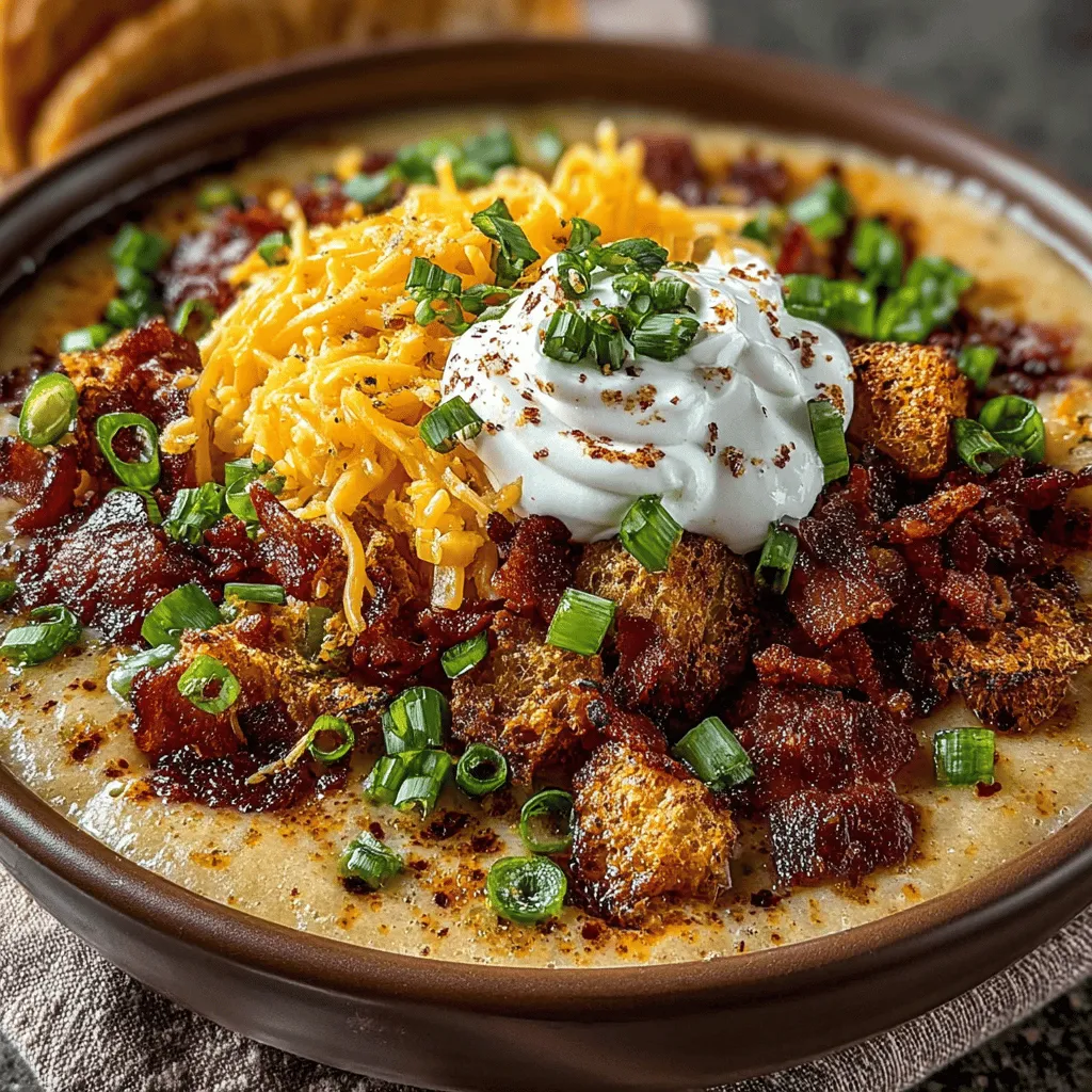 Garnishes play a crucial role in elevating both the presentation and flavor of your creamy loaded baked potato soup. Not only do they add visual appeal, but they also enhance the taste profile of the dish. Consider using crumbled bacon, shredded cheese, sliced green onions, and a dollop of sour cream as your go-to garnishes. Each of these toppings contributes a unique flavor and texture that complements the rich creaminess of the soup. When garnishing, aim for balance; too many toppings can overwhelm the dish, while the right amount enhances every spoonful.