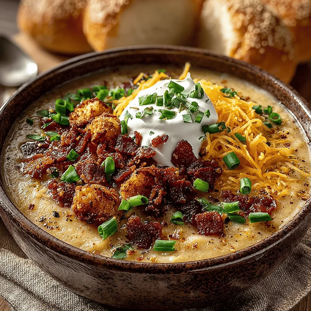 Garnishes play a crucial role in elevating both the presentation and flavor of your creamy loaded baked potato soup. Not only do they add visual appeal, but they also enhance the taste profile of the dish. Consider using crumbled bacon, shredded cheese, sliced green onions, and a dollop of sour cream as your go-to garnishes. Each of these toppings contributes a unique flavor and texture that complements the rich creaminess of the soup. When garnishing, aim for balance; too many toppings can overwhelm the dish, while the right amount enhances every spoonful.