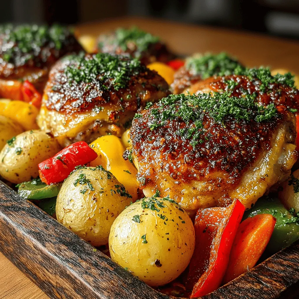 At the heart of the Savory One-Pan Chicken Feast are bone-in, skin-on chicken thighs. This cut of meat is often favored for its rich flavor and juicy texture, which is enhanced during the roasting process. The bone helps retain moisture, preventing the chicken from drying out as it cooks. Additionally, the skin crisps up beautifully, adding a delightful crunch that complements the tender meat beneath. Choosing chicken thighs over breast meat not only results in a more flavorful dish but also keeps the meal hearty and satisfying.