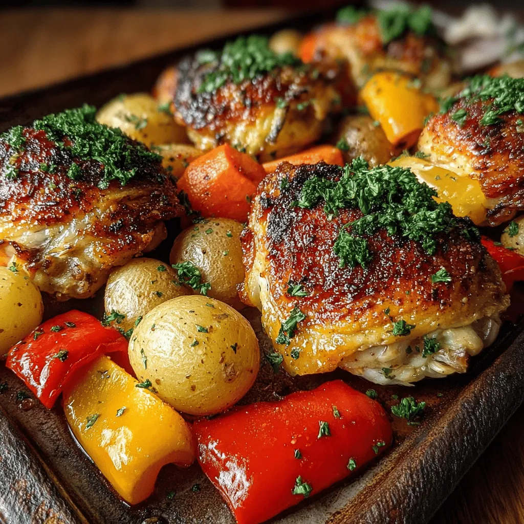 At the heart of the Savory One-Pan Chicken Feast are bone-in, skin-on chicken thighs. This cut of meat is often favored for its rich flavor and juicy texture, which is enhanced during the roasting process. The bone helps retain moisture, preventing the chicken from drying out as it cooks. Additionally, the skin crisps up beautifully, adding a delightful crunch that complements the tender meat beneath. Choosing chicken thighs over breast meat not only results in a more flavorful dish but also keeps the meal hearty and satisfying.