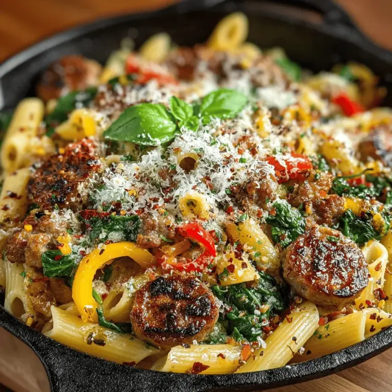 If you’re in search of a quick, delicious meal that the whole family will love, look no further than Skillet Sizzle Pasta with Sausage & Peppers. This dish combines the savory flavors of Italian sausage with the vibrant crunch of bell peppers, all tossed together with perfectly cooked penne pasta. It’s a recipe that not only satisfies your taste buds but also fits seamlessly into a busy weeknight dinner schedule. With its hearty components, this meal also provides a satisfying balance of protein and vegetables, making it a well-rounded option for families seeking nutritious meals without the fuss.
