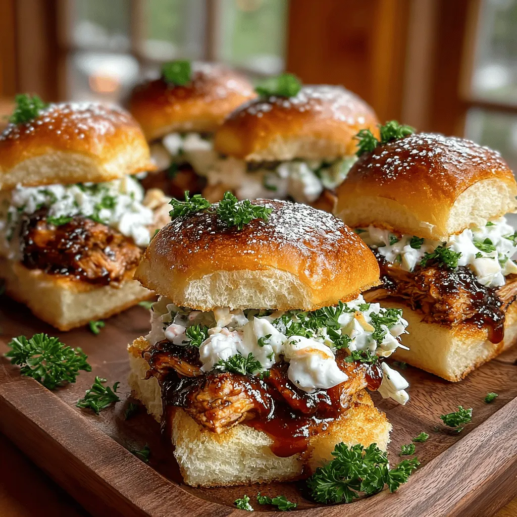 Smoky Harvest BBQ Chicken Sliders are a delectable and innovative take on the classic slider, combining rich, savory flavors with a subtle smokiness that elevates any gathering. Whether you're planning a casual family dinner, a weekend barbecue, or a lively game day feast, these sliders are not only easy to make but are also guaranteed to impress your guests. The star of the show is tender, juicy chicken thighs that are slow-cooked in a robust BBQ marinade, delivering an explosion of flavor in every bite. Topped with a creamy coleslaw, these sliders achieve the perfect harmony of taste and texture, making them a standout dish at any event.