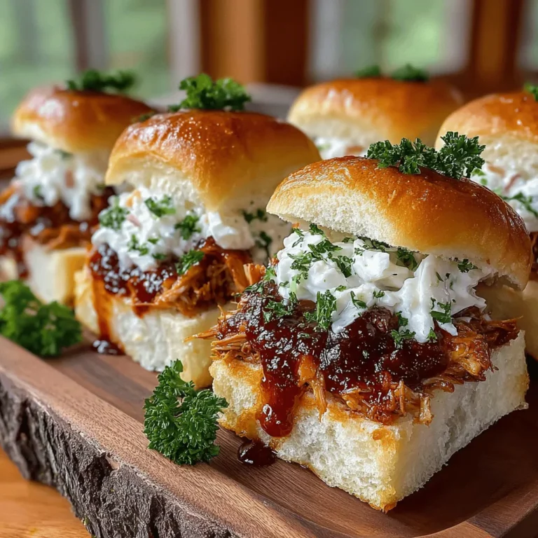 Smoky Harvest BBQ Chicken Sliders are a delectable and innovative take on the classic slider, combining rich, savory flavors with a subtle smokiness that elevates any gathering. Whether you're planning a casual family dinner, a weekend barbecue, or a lively game day feast, these sliders are not only easy to make but are also guaranteed to impress your guests. The star of the show is tender, juicy chicken thighs that are slow-cooked in a robust BBQ marinade, delivering an explosion of flavor in every bite. Topped with a creamy coleslaw, these sliders achieve the perfect harmony of taste and texture, making them a standout dish at any event.