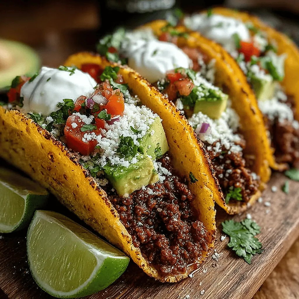- 1 pound ground beef - 2 tablespoons olive oil - 1 tablespoon chili powder - 1 teaspoon cumin - 1 teaspoon garlic powder - 1 teaspoon onion powder - Salt and pepper to taste - 8 small tortillas (corn or flour) - 1 ripe avocado, diced - 1 cup cherry tomatoes, diced - 1 small red onion, finely chopped - 1/4 cup fresh cilantro, chopped - Juice of 1 lime - 1 jalapeño, finely chopped (optional) - 1/2 cup sour cream (for serving)
