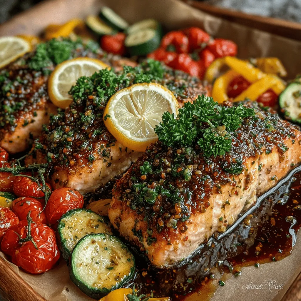 - 4 salmon fillets (fresh or thawed) - 4 tablespoons unsalted butter, melted - 4 cloves garlic, minced - 1 lemon, juiced and zested - 1 cup cherry tomatoes, halved - 1 medium zucchini, sliced - 1 bell pepper (red, yellow, or green), sliced - 1 teaspoon dried oregano - Salt and pepper to taste - Fresh parsley, chopped for garnish (optional)