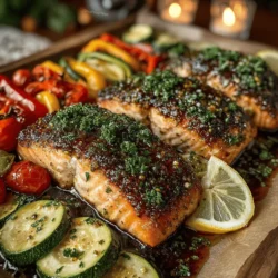 - 4 salmon fillets (fresh or thawed) - 4 tablespoons unsalted butter, melted - 4 cloves garlic, minced - 1 lemon, juiced and zested - 1 cup cherry tomatoes, halved - 1 medium zucchini, sliced - 1 bell pepper (red, yellow, or green), sliced - 1 teaspoon dried oregano - Salt and pepper to taste - Fresh parsley, chopped for garnish (optional)
