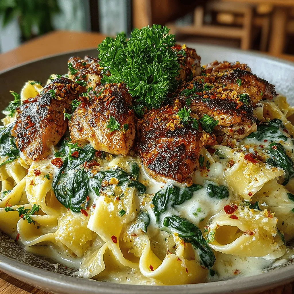 - 8 ounces of fettuccine or penne pasta - 1 tablespoon olive oil - 1 pound boneless, skinless chicken breast, diced - 2 cups fresh spinach, roughly chopped - 1 cup heavy cream - 1 cup grated Parmesan cheese - 3 cloves garlic, minced - 1 teaspoon Italian seasoning - Salt and pepper to taste - Optional: red pepper flakes for added spice