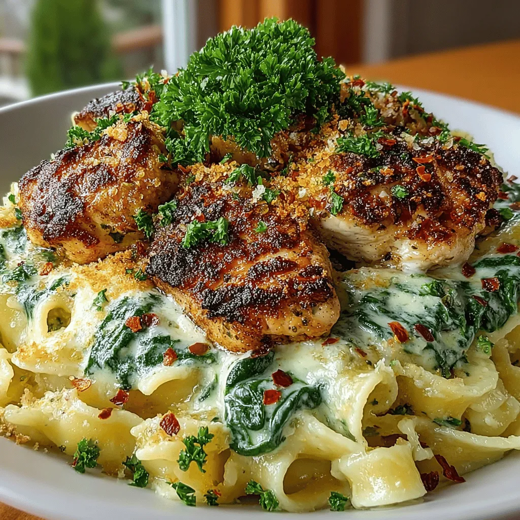 - 8 ounces of fettuccine or penne pasta - 1 tablespoon olive oil - 1 pound boneless, skinless chicken breast, diced - 2 cups fresh spinach, roughly chopped - 1 cup heavy cream - 1 cup grated Parmesan cheese - 3 cloves garlic, minced - 1 teaspoon Italian seasoning - Salt and pepper to taste - Optional: red pepper flakes for added spice