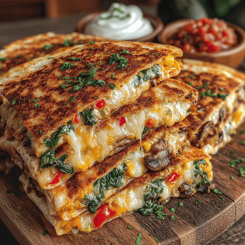 - 4 large flour tortillas - 1 cup shredded mozzarella cheese - 1 cup shredded cheddar cheese - 1 bell pepper, thinly sliced - 1 medium zucchini, diced - 1 cup mushrooms, sliced - 1 cup fresh spinach - 1 small red onion, thinly sliced - 1 teaspoon garlic powder - 1 teaspoon ground cumin - 1 teaspoon smoked paprika - 2 tablespoons olive oil - Salt and pepper to taste