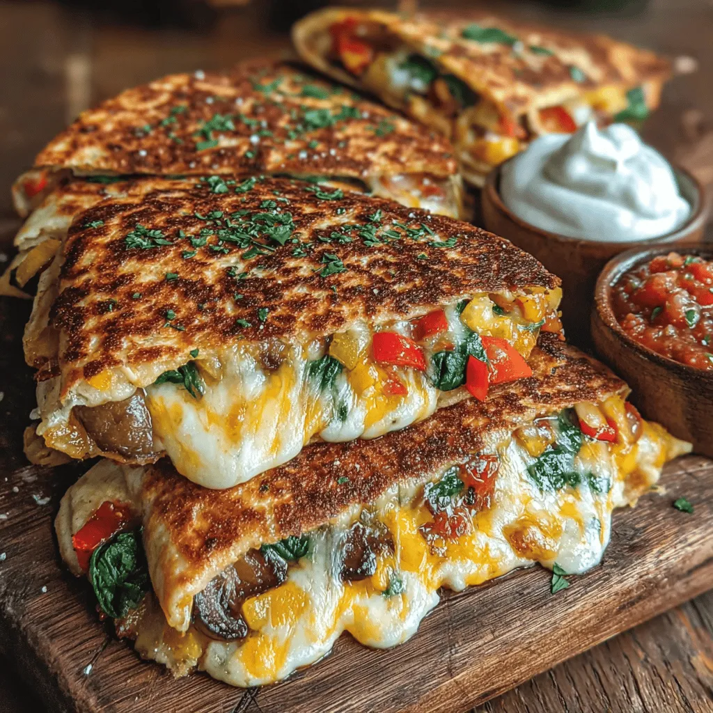 - 4 large flour tortillas - 1 cup shredded mozzarella cheese - 1 cup shredded cheddar cheese - 1 bell pepper, thinly sliced - 1 medium zucchini, diced - 1 cup mushrooms, sliced - 1 cup fresh spinach - 1 small red onion, thinly sliced - 1 teaspoon garlic powder - 1 teaspoon ground cumin - 1 teaspoon smoked paprika - 2 tablespoons olive oil - Salt and pepper to taste