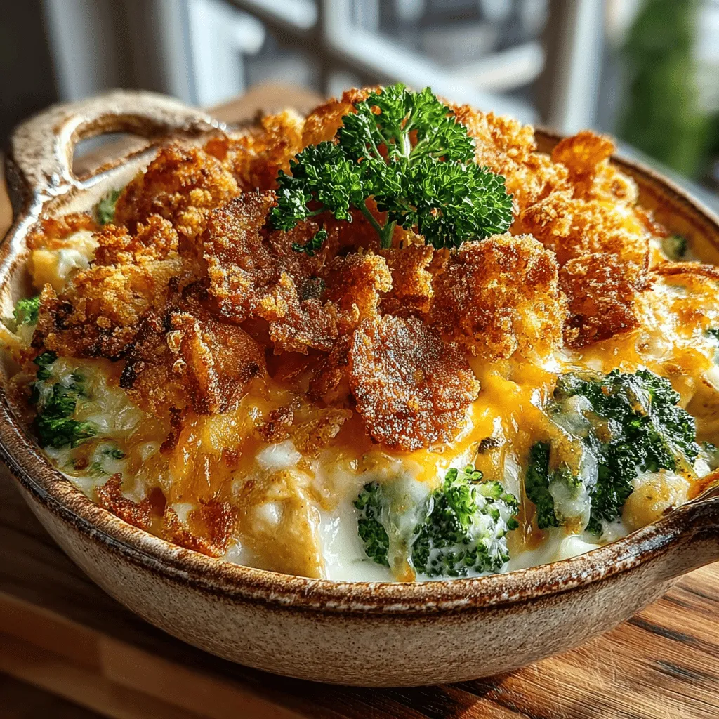 - 2 cups cooked chicken, shredded or diced - 2 cups fresh broccoli florets, blanched - 1 can (10.5 oz) cream of chicken soup - 1 cup sour cream - 2 cups shredded cheese (cheddar or a blend) - 1 cup cooked rice (white or brown) - 1 teaspoon garlic powder - 1 teaspoon onion powder - 1/2 teaspoon salt - 1/4 teaspoon black pepper - 1/2 cup breadcrumbs (optional for topping)