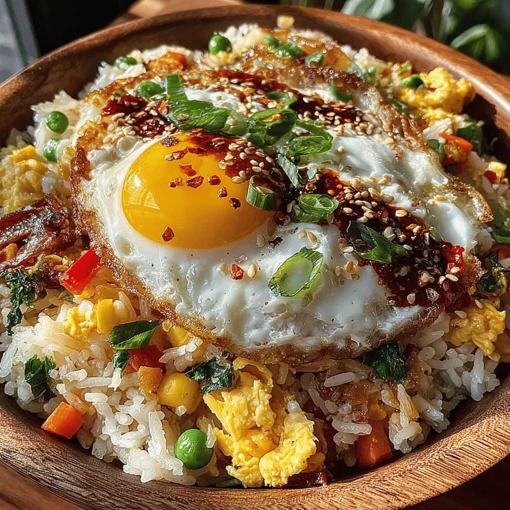 - 2 cups cooked jasmine or basmati rice (preferably day-old) - 2 large eggs - 1 cup mixed vegetables (such as bell peppers, carrots, peas, and corn) - 1 medium onion, finely chopped - 2 cloves garlic, minced - 3 tablespoons soy sauce - 1 tablespoon sesame oil - 2 tablespoons vegetable oil (for frying) - Salt and pepper to taste - Green onions, chopped (for garnish)