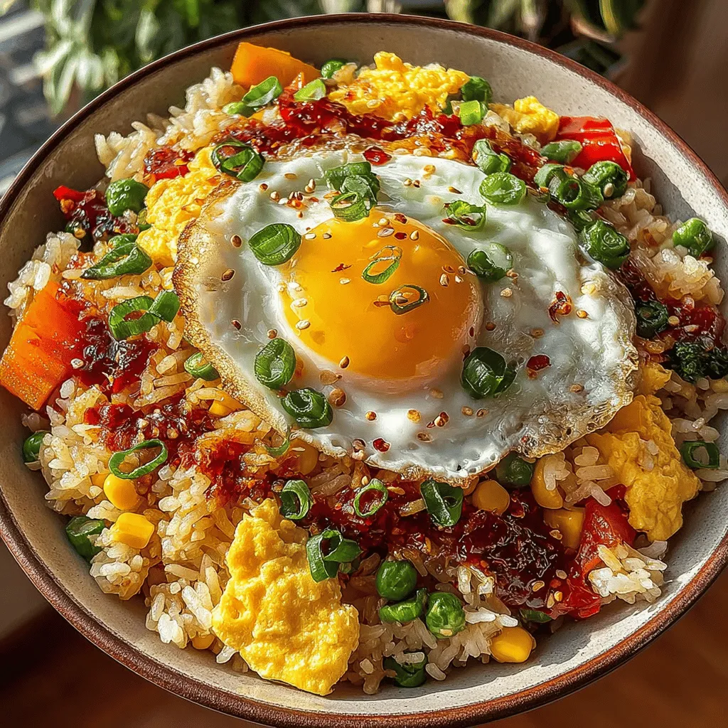 - 2 cups cooked jasmine or basmati rice (preferably day-old) - 2 large eggs - 1 cup mixed vegetables (such as bell peppers, carrots, peas, and corn) - 1 medium onion, finely chopped - 2 cloves garlic, minced - 3 tablespoons soy sauce - 1 tablespoon sesame oil - 2 tablespoons vegetable oil (for frying) - Salt and pepper to taste - Green onions, chopped (for garnish)